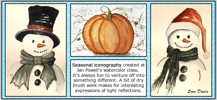 Holiday iconography of snow people and pumpkin painted by Sam Davis, 2024.